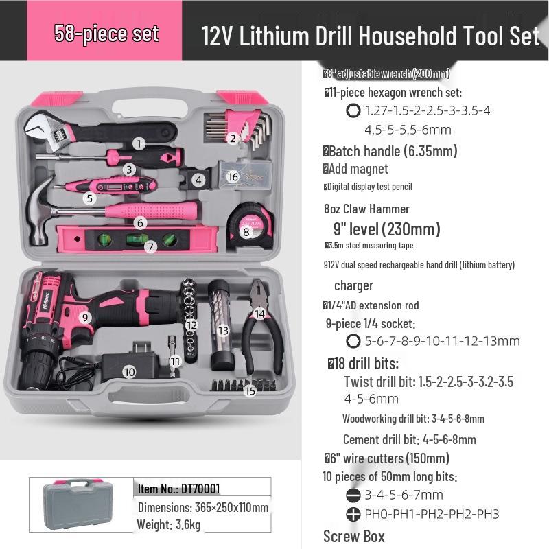 HiSpec Pink Household Tool Set with Wrench, Pliers, Hammer, Electric Screwdriver, and Toolbox