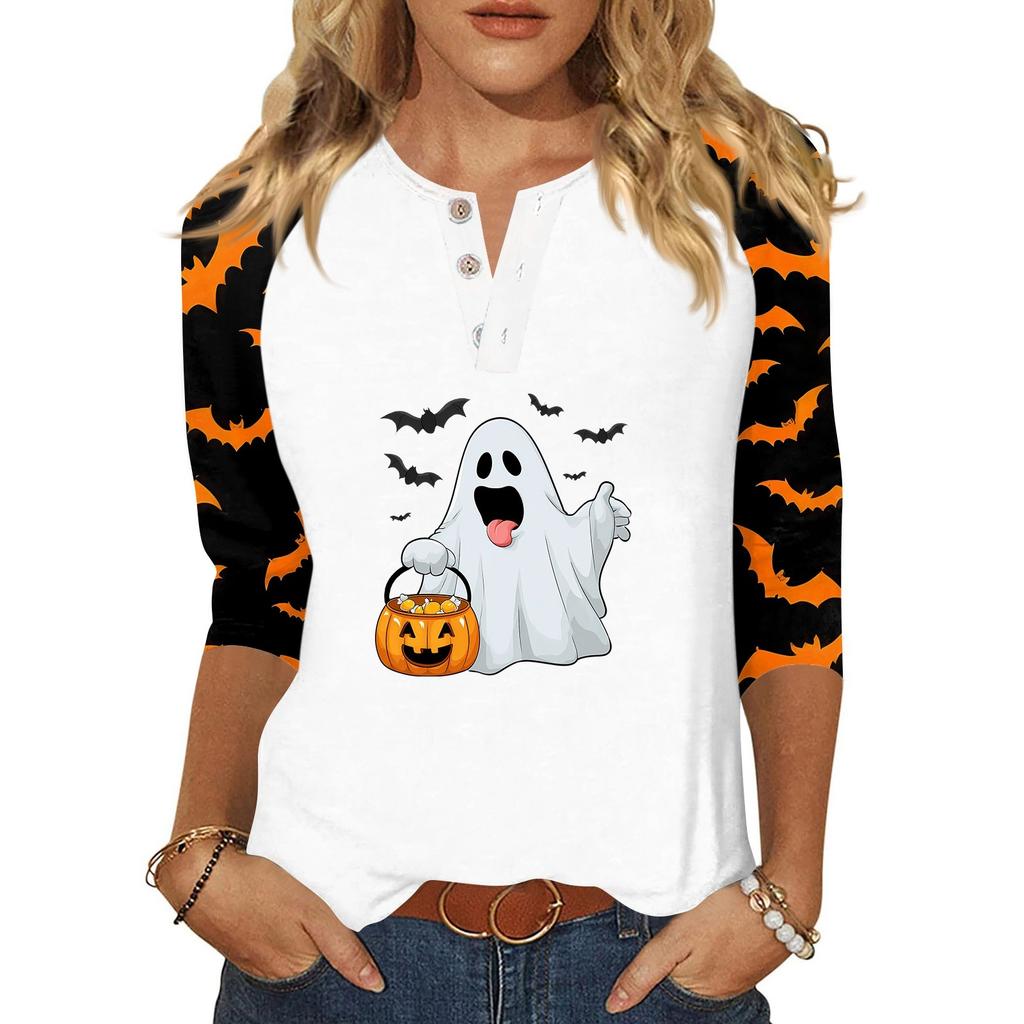 Damen-T-Shirt mit Halloween-Aufdruck und Knopfleiste, 3/4-Ärmel, modisch für den Alltag und das Wochenende, Basic, V-Ausschnitt, normales Oberteil
