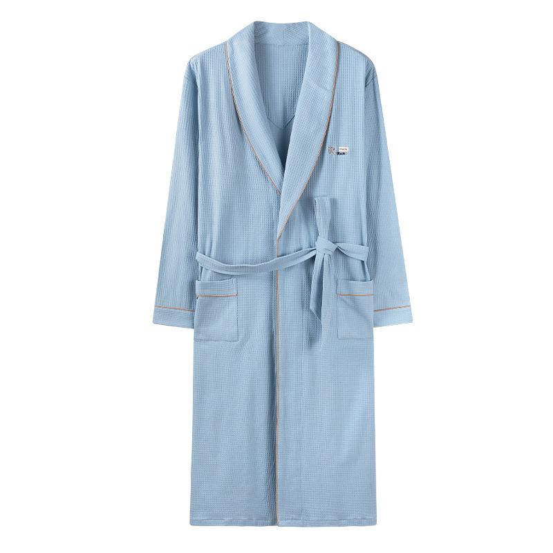Nightgown Men'S Spring And Autumn Waffle Cotton Long-Sleeved Men'S Spring And Autumn Absorbent Bathrobe Bathrobe Loungewear
