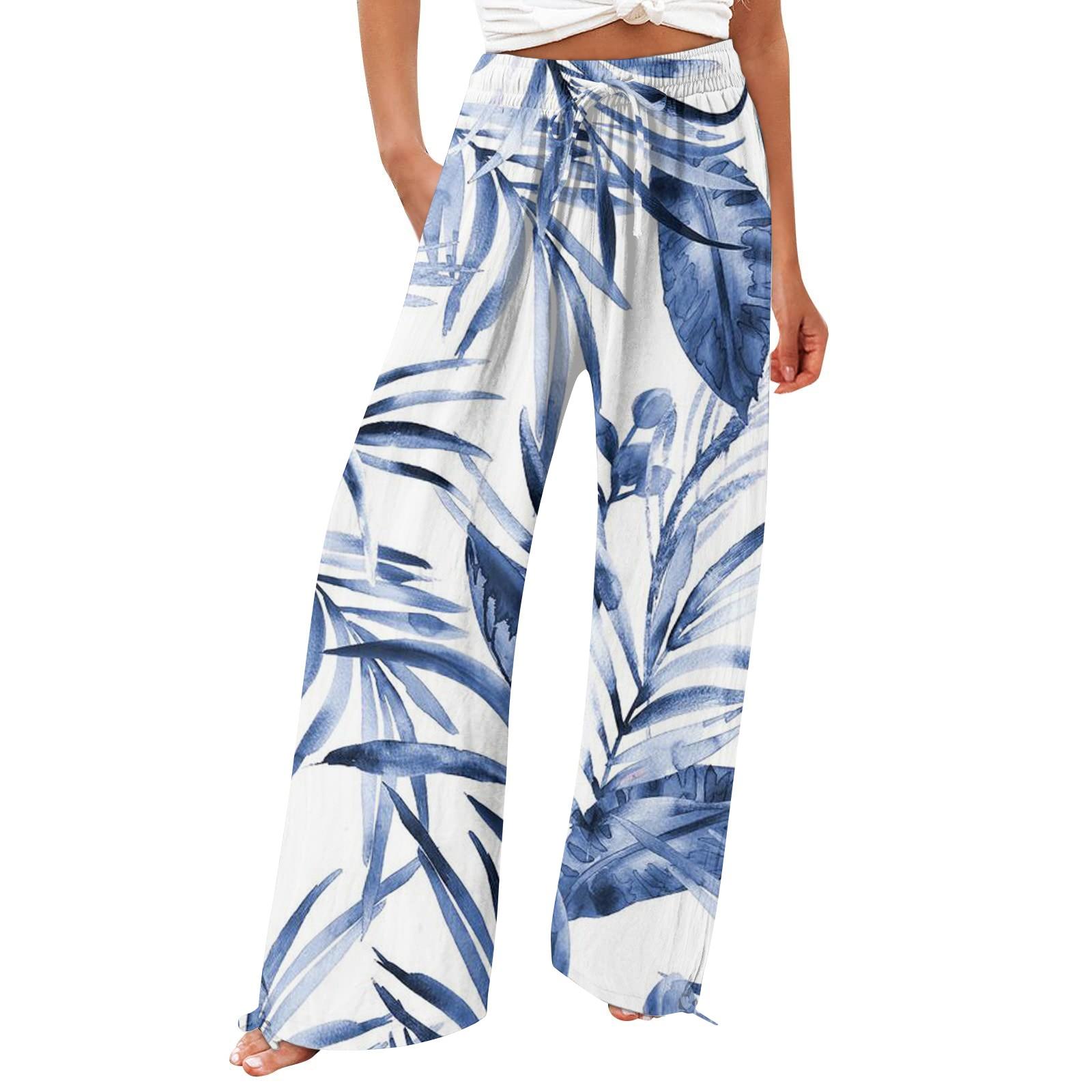 

Брюки для женщин. Летние струящиеся брюки с высокой талией и широкими штанинами с принтом. Повседневные брюки. L синий