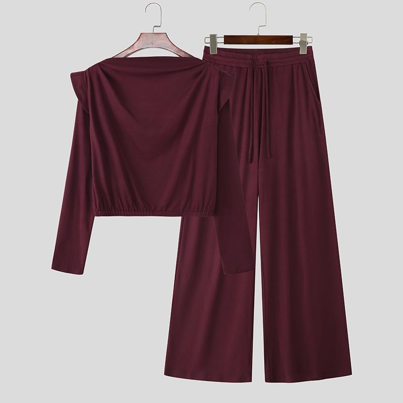 

INCERUN 2 шт. Мужские футболки с длинным рукавом, укороченные и длинные брюки, повседневные комплекты 3XL