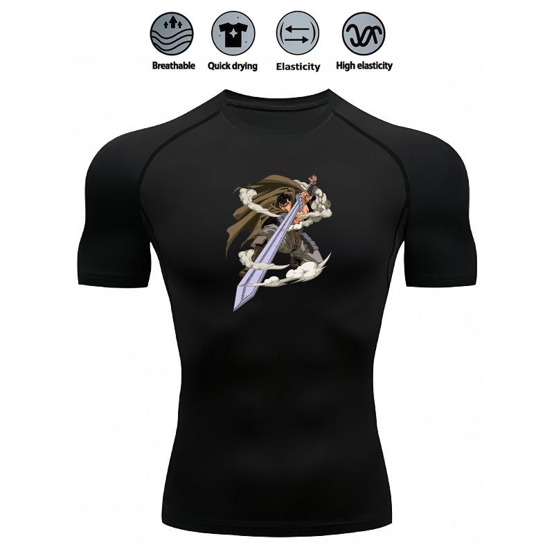 Mens White Compression Short Sleeve T-Shirt Anime Warrior With Sword Graphic Breathable Quick Dry High Elasticity Gym And Running Athletic Top