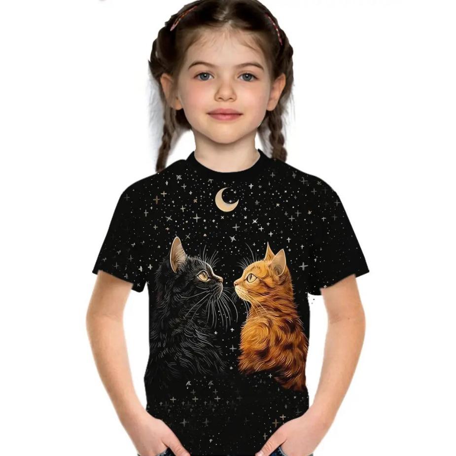 Kids T Shirts 2025 Summer New Girl's Stylish Cute Animal Play, Printed Pattern Round Neck Short Sleeve Tops
