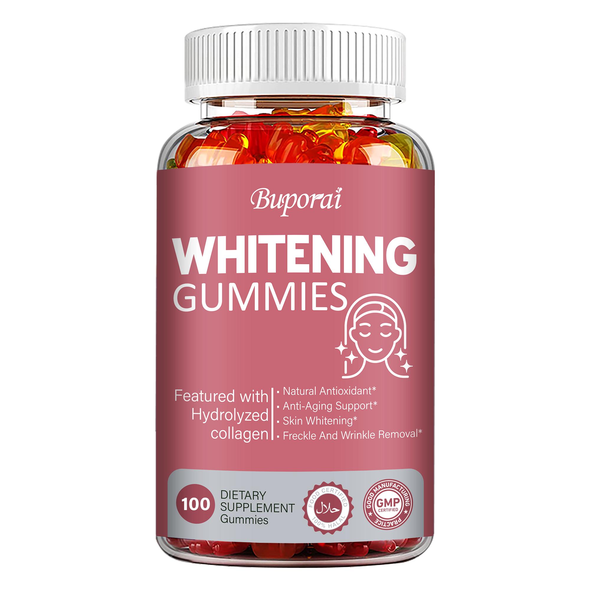 Whitening gummies, rich in glutathione, collagen, and biotin, moisturize and brighten youthful skin. 100