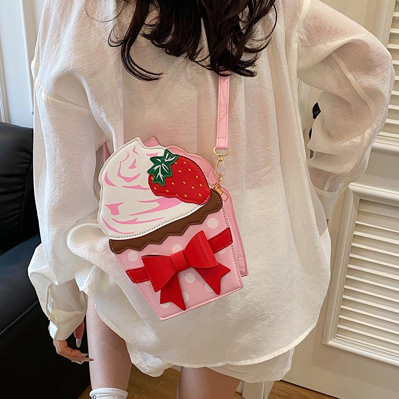 Fashion Creative Girls Ice Cream Purse Cute Bow Cartoon Strawberry Crossbody Bags Ladies Stylish PU Small Side Shoulder Bag