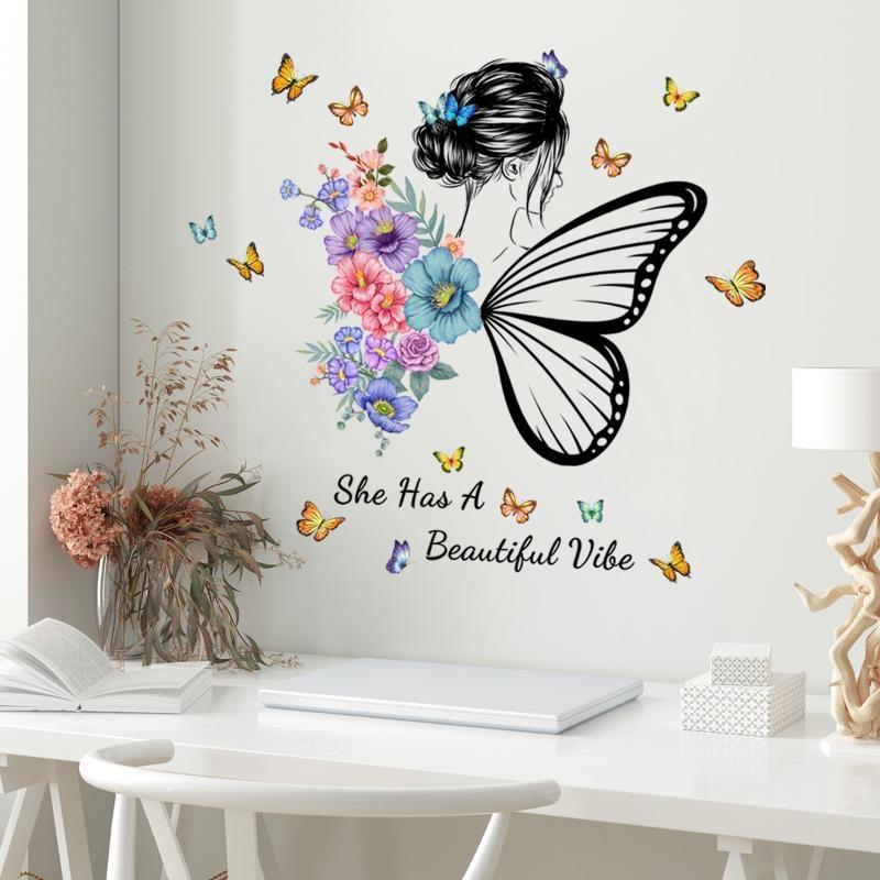 Wall Sticker Butterfly English Slogan Girl Flower Wall Sticker Paper Living Room Decoration Self Adhesive