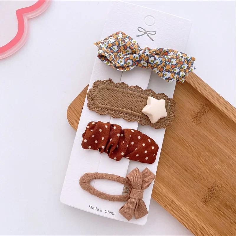 4pcs/set Beige Coffee Color Elegant Hair Clip for Young Kids Sweet Retro Floral Bow Children Barrettes Cute Hair Accessories