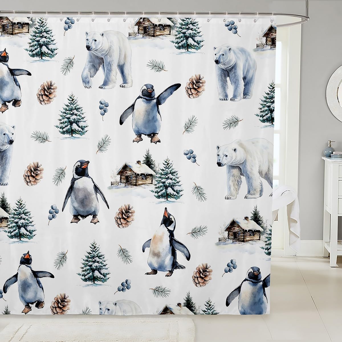 

Erosebridal Penguin Polar Bear Shower Curtain,Rustic Cabin Lodge Kids Shower Accessories,Kawaii Polar Animal Bathroom Shower Cu 90x180cm