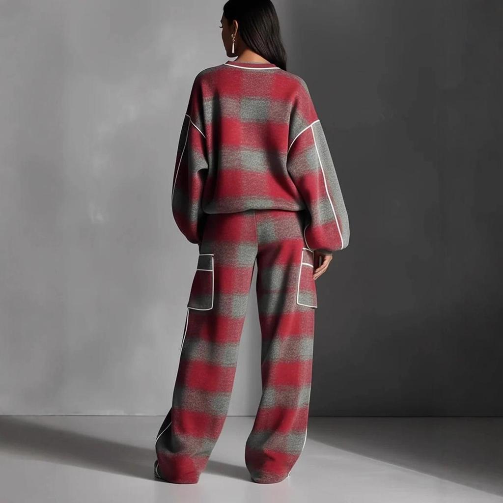 Women's 2025 Plaid Distressed Street Style Color Block Piping Pantsuit Set