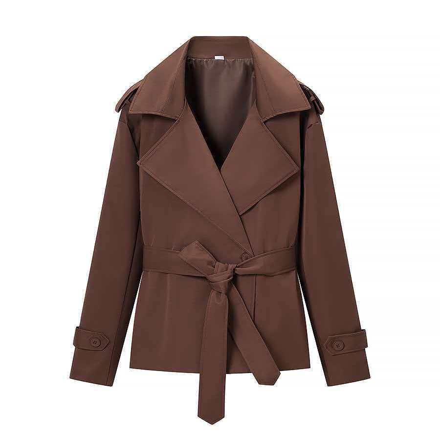 European and American Style Women's Solid Color Belted Short Jacket Windbreaker.