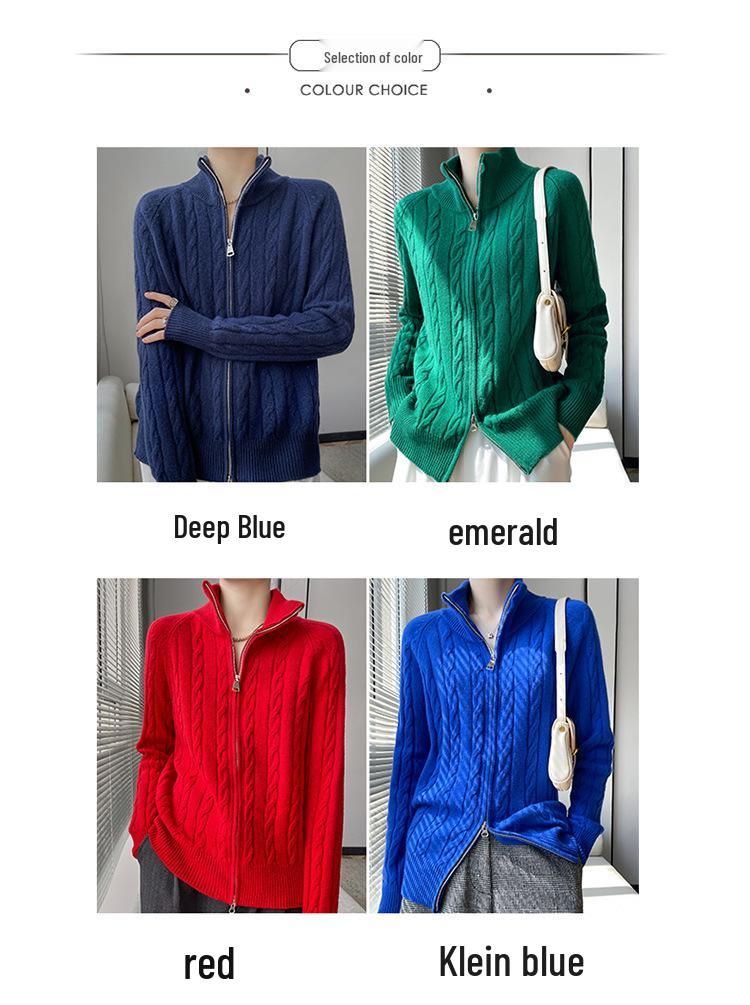 Women's Wool Zipper Knit Cardigan Sweater with Lapel