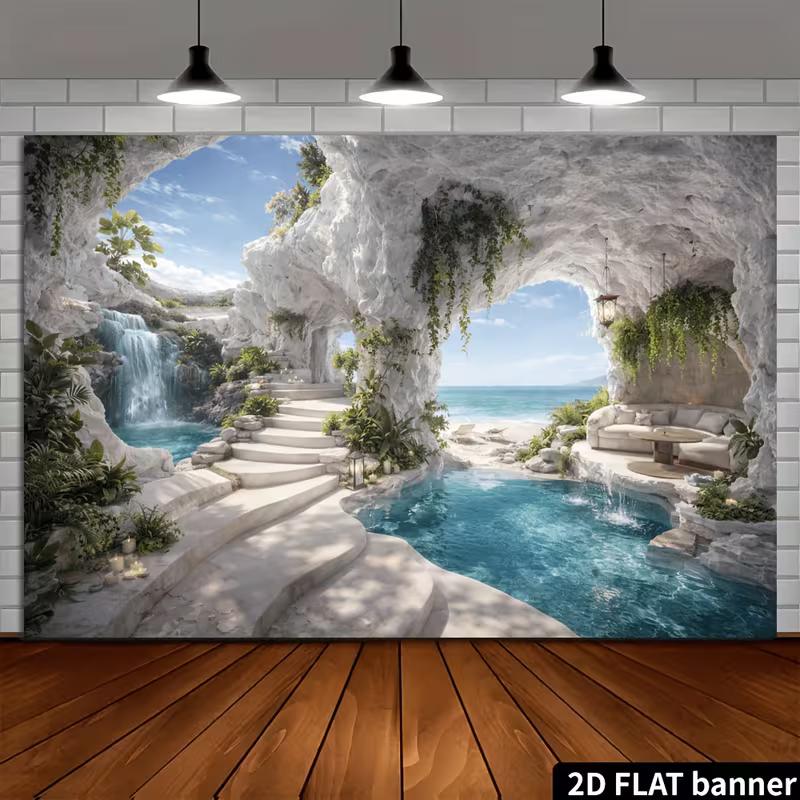 2D Beach Waterfall Cave Photography Background for Vacation Decor