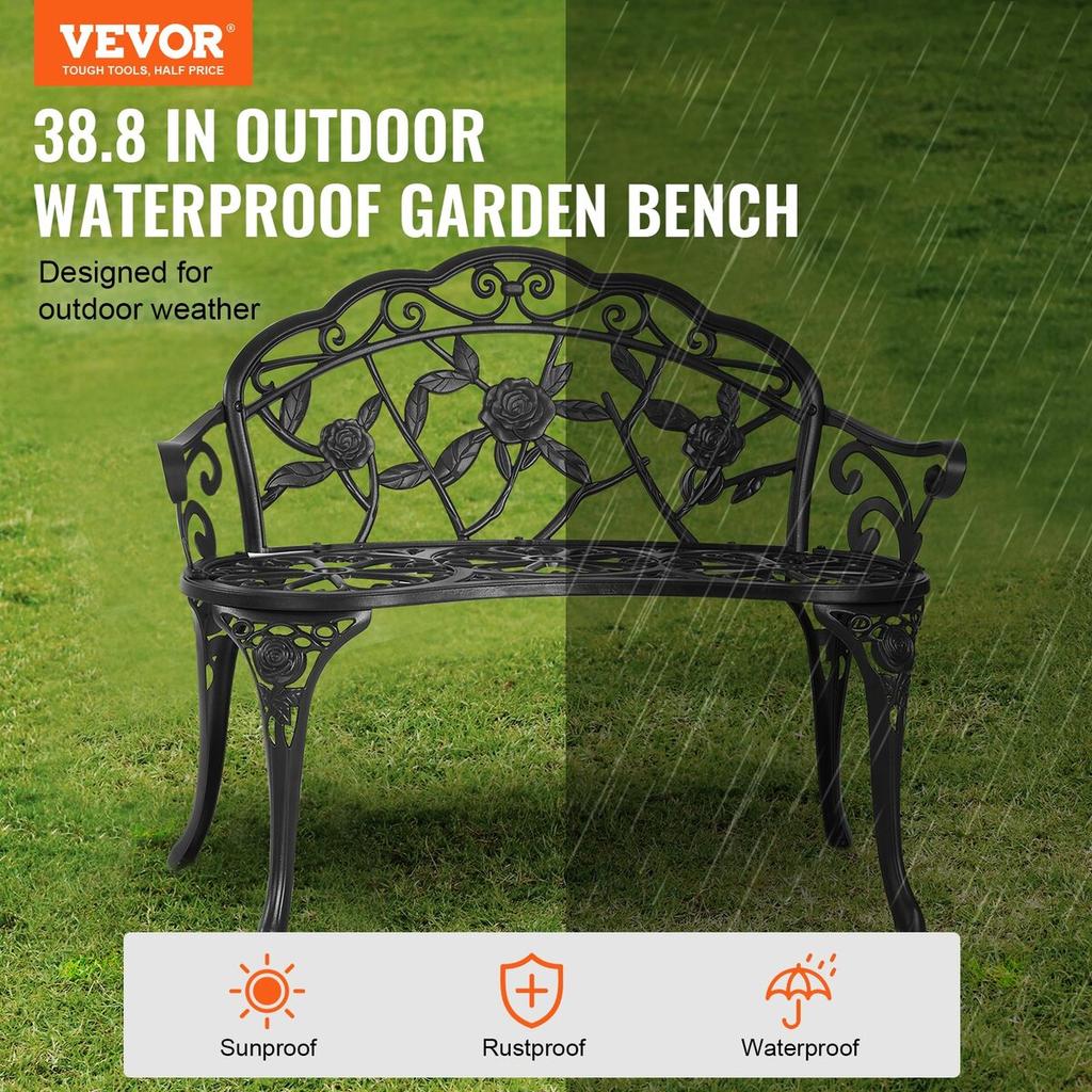 Outdoor Bench, 38.8 Inches Metal Garden Bench for Outdoors, 480 Lbs Load Capacity Bench, Outdoor Garden Park Bench with Backrest and Armrests, Patio