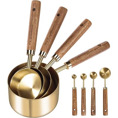 8-teiliges Messbecher- und Löffelset aus Edelstahl mit Holzgriff, stapelbar, Küchenmesswerkzeuge für Lebensmittel/Backen/Kochen
