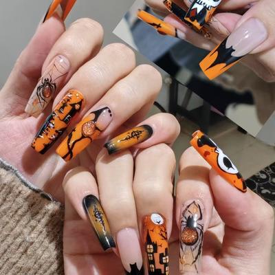 Halloween Handgemachte Tragbare Nägel Spinnennetz Fledermaus Maniküre Langhaltende Tragbare Nägel Nägel Kunstnägel