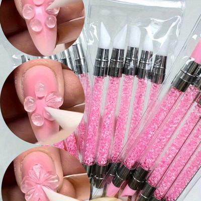 Pembe Çift Taraflı Rhinestone Tırnak Sanatı Silikon Kalem Heykel Kalemi 3D Çiçek Oyma DIY Manikür Fırçası Tırnak Noktalama Kalemi Seti