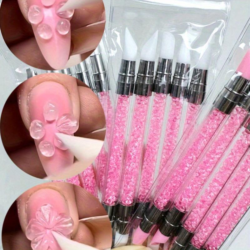 Set Pink Dual Ended Rhinestone Nail Art Silicone Pen Sculpture Pen 3D Flower Carving DIY Manicure Brush Nail Dotting Pen