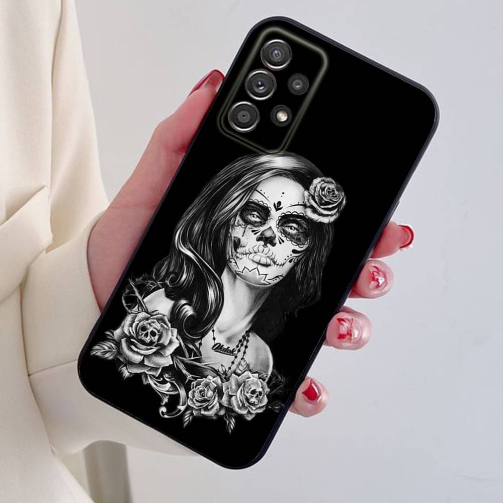 Catrina Beautiful Rose Girl Skull Phone Case For Samsung S25,24,21,22,23,30,Ultra,20,Plus Black soft silicone case