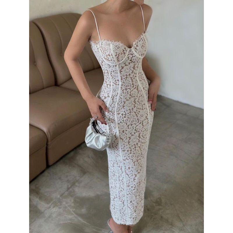 

Дизайн Хорошая Работа Кружевное Платье Нишевый Стиль Рыбий Скелет White XS