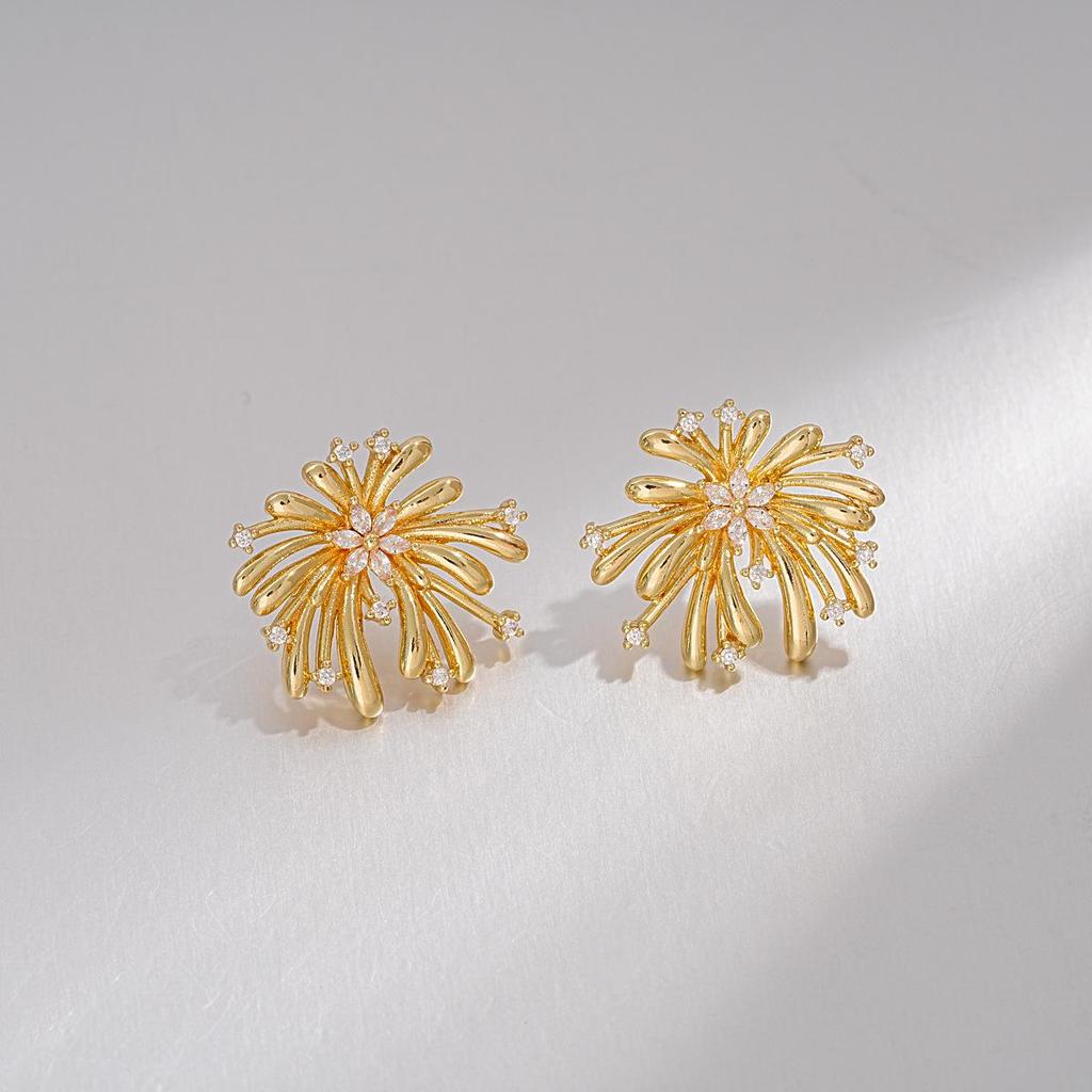 Silver Needle Zirconia Enamel Flower Firework Stud Earrings - Elegant, High-End Niche Jewelry.