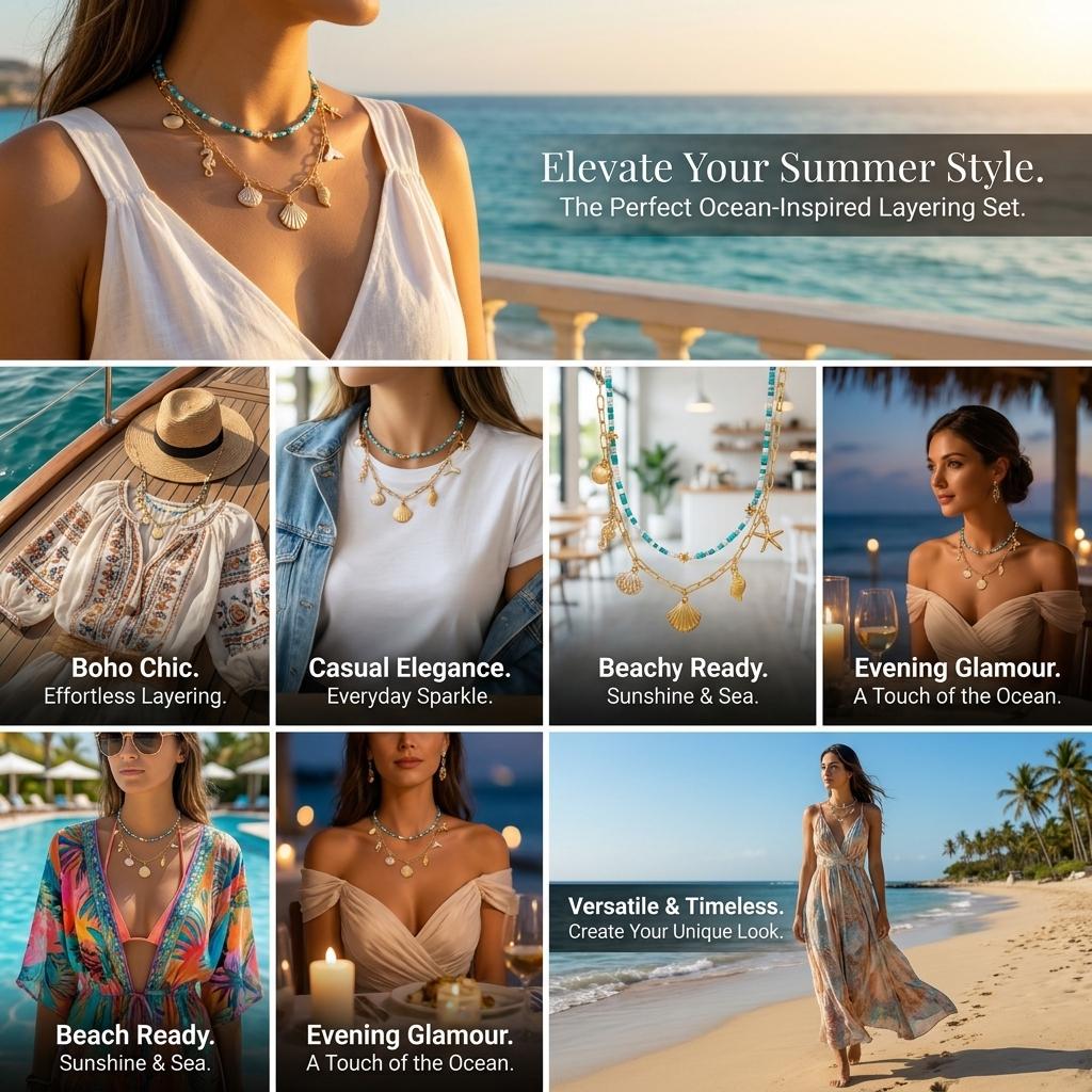 Boho Shell Starfish Scallops Pendant Necklace For Women Ocean Series Seahorse Dolphin Rice Beads Choker Beach Vacation Jewelry