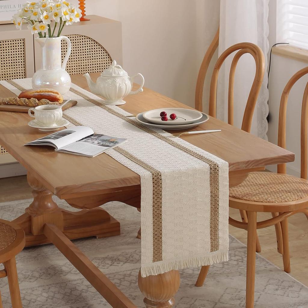 Böhmische Rustikale Hochzeitsdeko Baumwolle Leinen Tischläufer mit Quasten