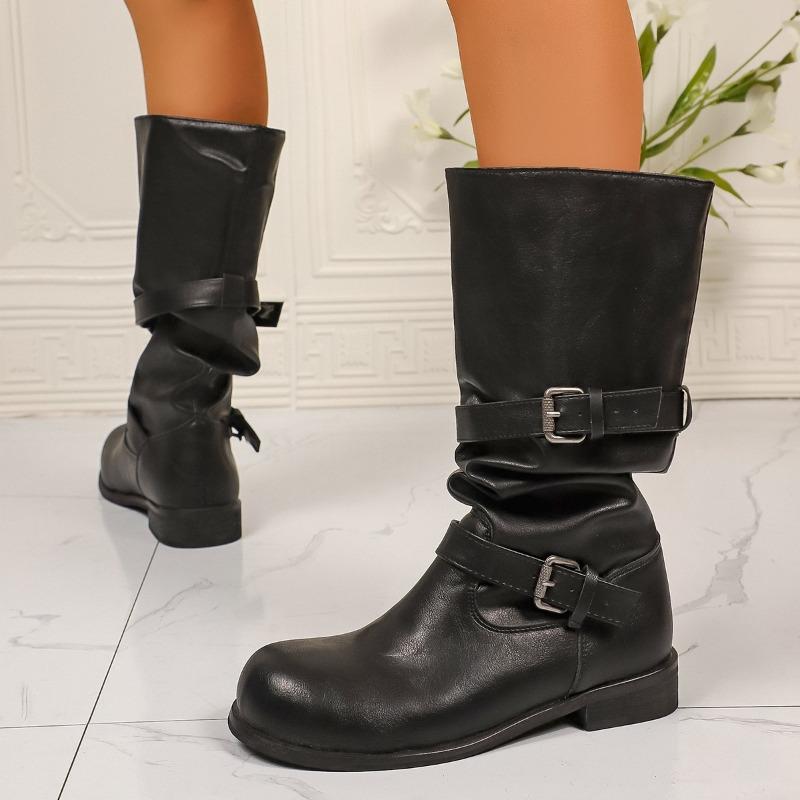 Zimowa Vintage Klamra do Paska Damskie Buty Rycerza Modne Wsuwane Buty na Niskim Obcasie Damskie Przytulne Miękkie Skórzane Botki do Połowy Łydki