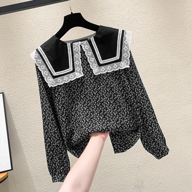 

ZANZEA Women Casual Splice Round Neck Long Sleeve Floral Blouse S чорний