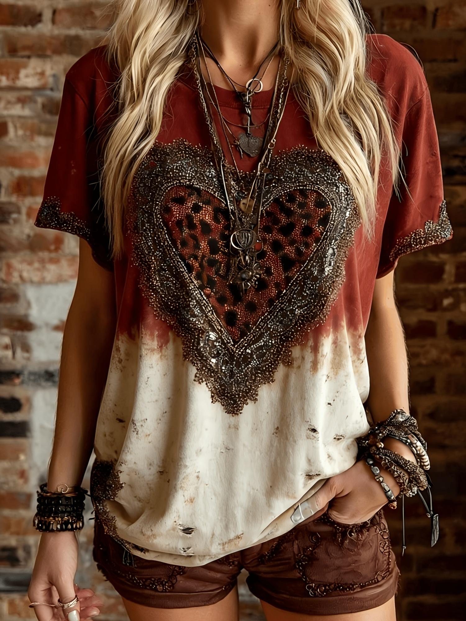 

Women s short-sleeved T-shirt with retro tie-dye leopard print and heart print, exquisite and suitable for casual dates. XL