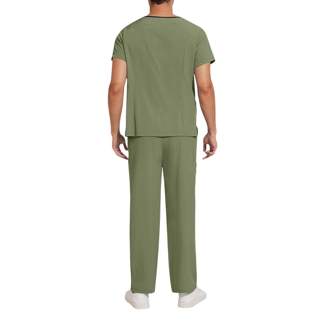 Pánský volný a pohodlný pracovní oděv s výstřihem do V a krátkým rukávem, vícekapsový kosmetický komplet