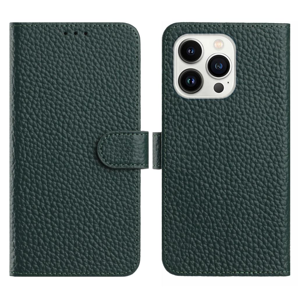 For iPhone 16 Pro Max Case Wallet Stand Litchi Texture Genuine Cow Leather Flip Phone Cover