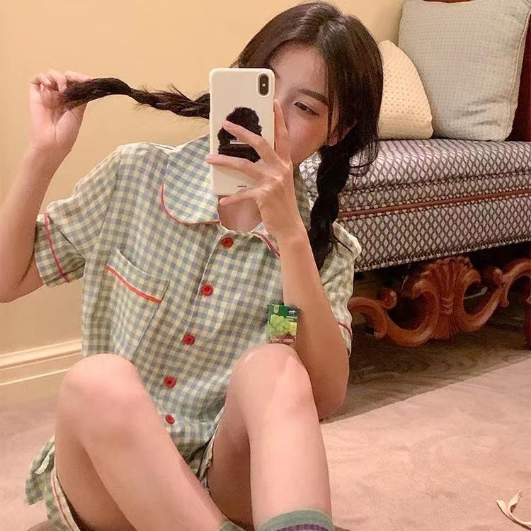 Pajamas Women Summer Cartoon Cute Bear Short Sleeve Nightwear Loungewear Set Ladies Cardigan Striped Plaid Short Sleepwear