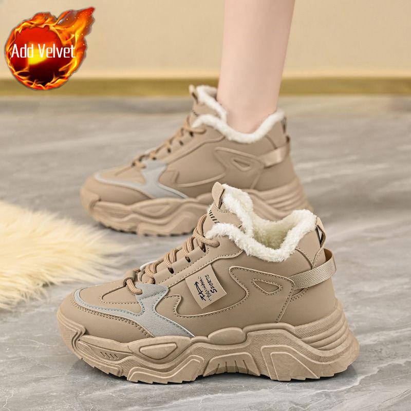 Winter Damen Enganliegende Sportschuhe mit dicker Sohle und hohem Schaft mit Wollfutter, Warme und höhenerhöhende Sportschuhe für Damen im koreanischen Stil