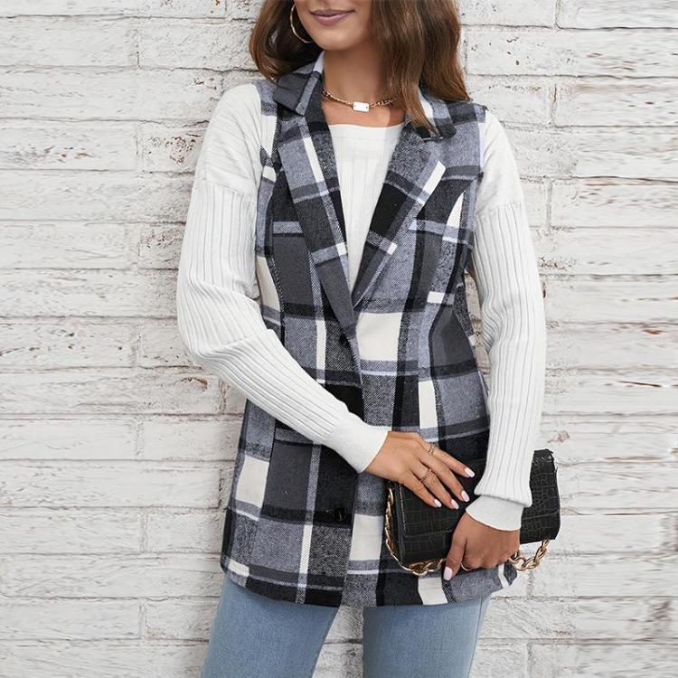 Women Checked Vest Sleeveless Single Breasted Cardigan Turn Down Collar Sizes S-XL Spring Autumn