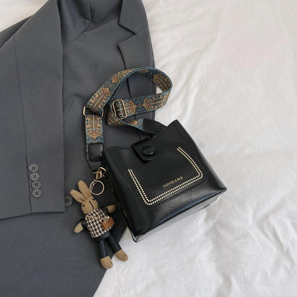 with Bunny Plush Pendant PU Leather Crossbody Bag Large Capcity Ins Square Tote Bag  Ladies/Girls