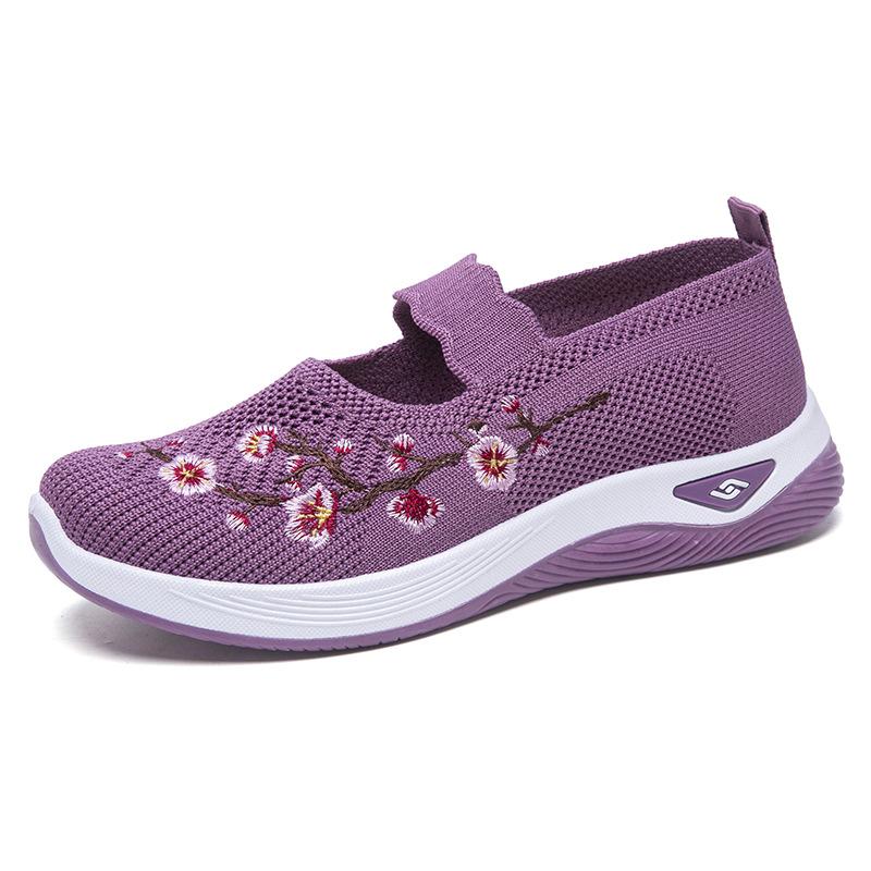 Mom shoes summer new shallow mouth embroidered single shoes middle-aged and elderly one-pedal breathable casual shoes women's cloth shoes