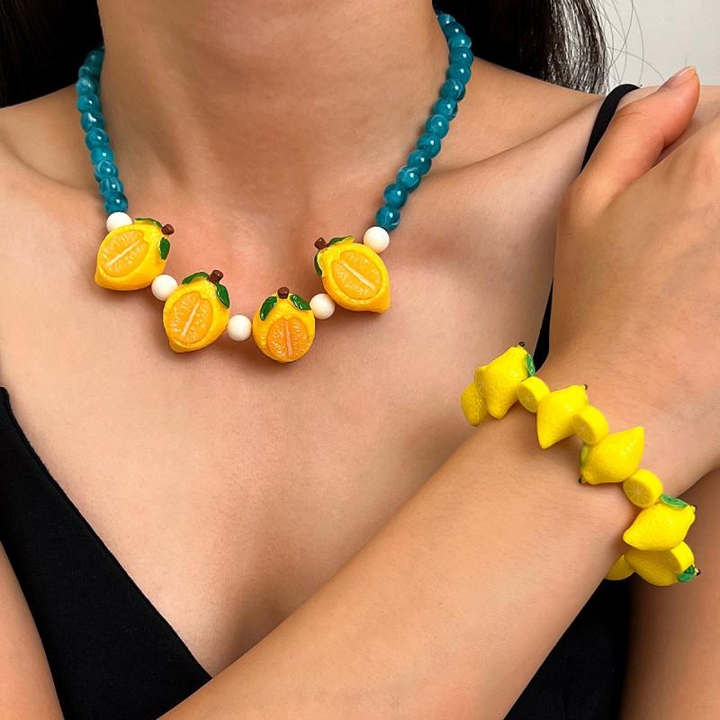 Yellow Lemon Flower Earrings Necklace Set Women Fresh Fruit Jewelry Style Resin Drop