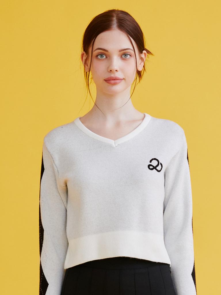 20TH HOLE Argyle Pattern Sleeved Semi-Crop Knit Women [White]