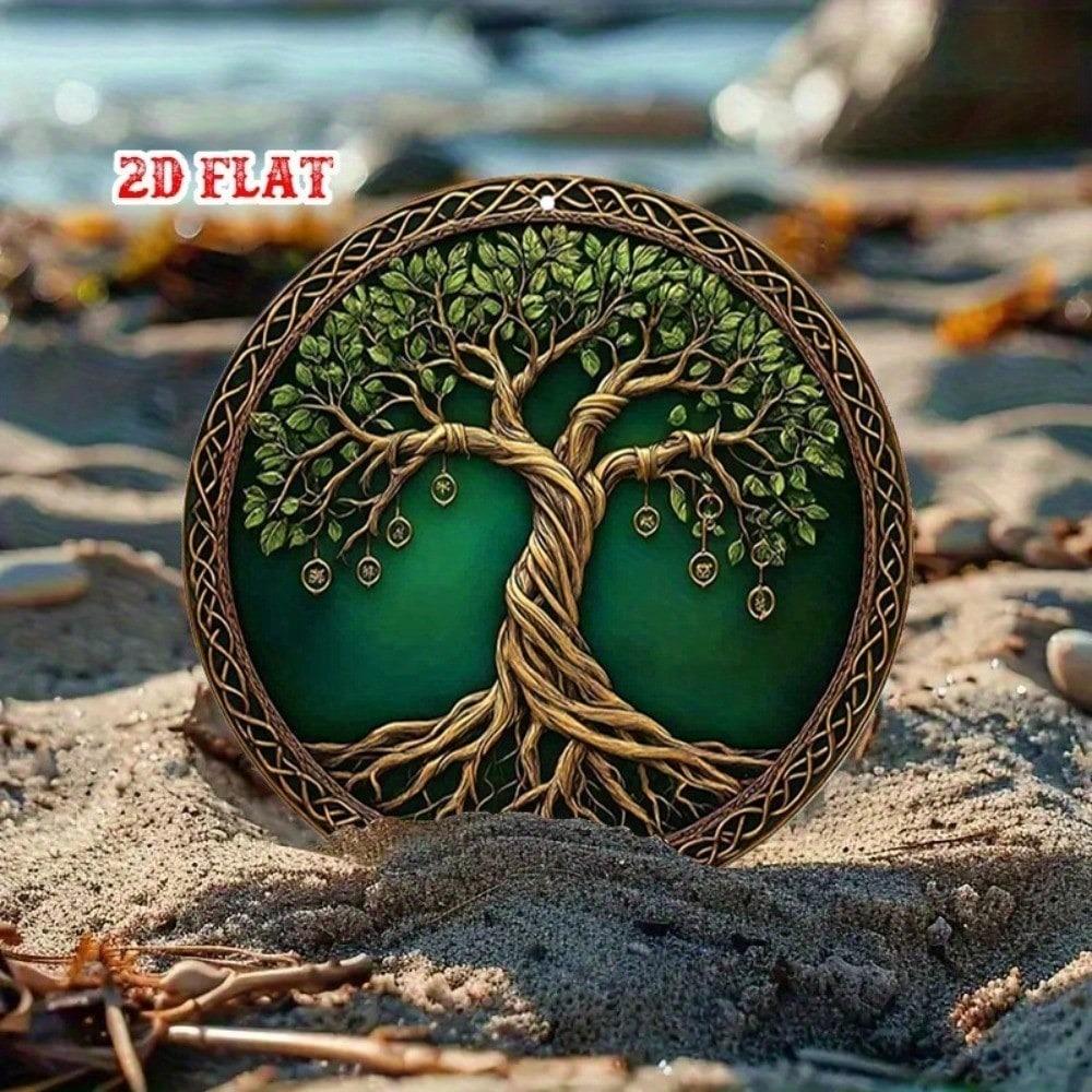 Vintage Green Gold Metal Wall Art Celtic Tree Sign, 2D Flat Aluminum Decor Heavy Duty For Living Room