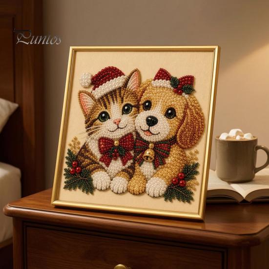 Winterwunderland Kreativaktivitäten Weihnachten Kunst-Kit mit künstlichen Perlen, Xmas Hut Katze Hund Malerei DIY Themenprojekte 3D Welpen Perlen Bastel-Kit für Erwachsene,