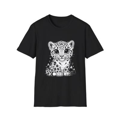 Schneeleopard Kawaii Niedlich Illustriert Schwarz T-Shirt Natur Tier Grafik T-Shirt