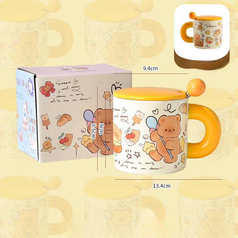 Cartoon Cup with Lid Cute Butter Bear Ceramic Mug with Lid with Spoon Ceramic Cup Water Cup Female Souvenir