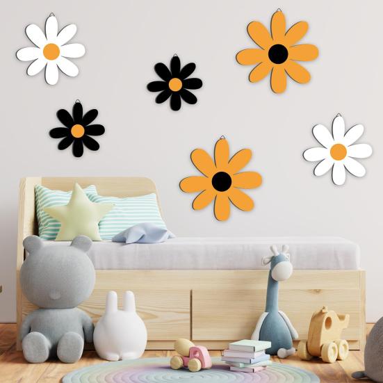 6Pcs/Set Rustic Wooden Flower Wall Decoration Handcrafted Black Yellow White Floral Wall Art Home Office Living Room Bedroom Wall Hanging Ornament