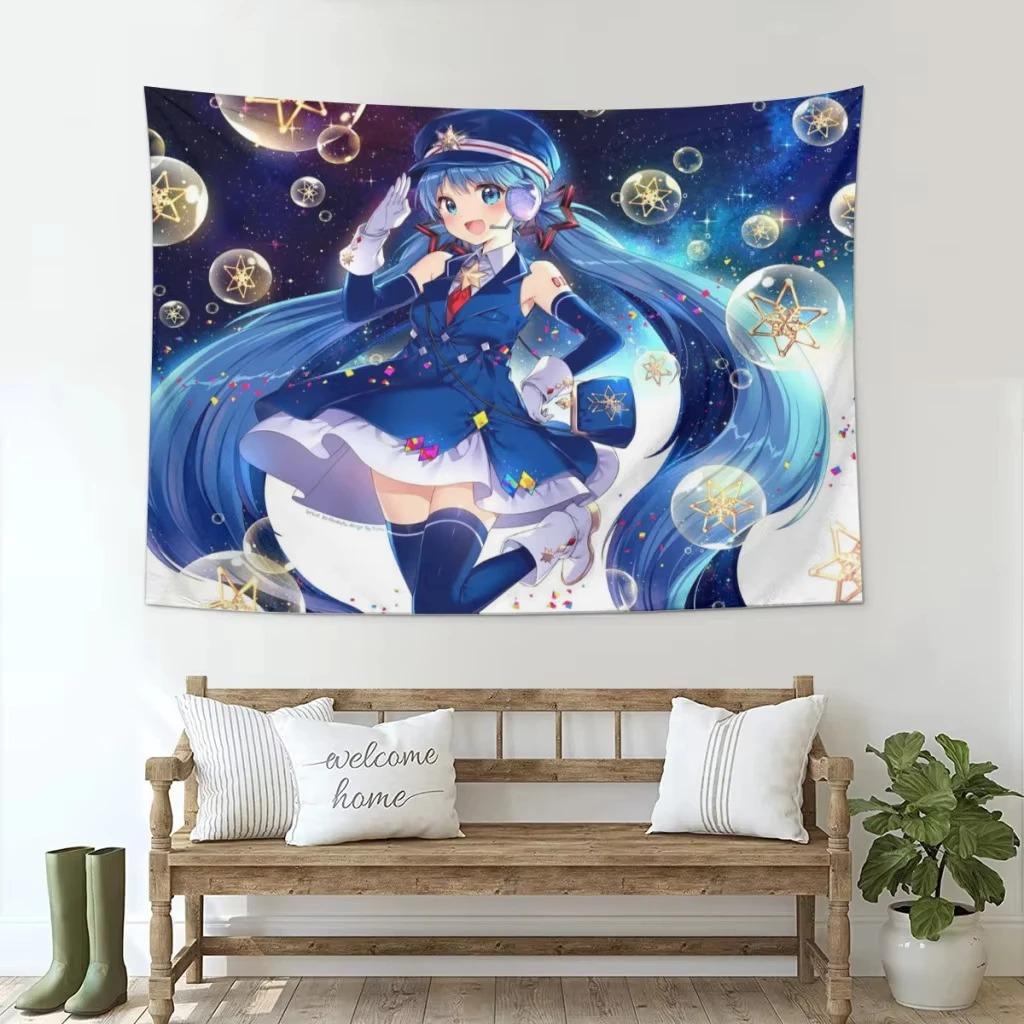 Neko Cat Girl Anime Tapestry Blue Hair Miku Print Polyester Wall Hanging Kawaii Otaku Decor for Bedroom  Living Room