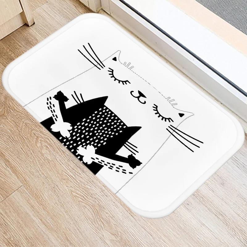 Cute Cartoon Cat Faces Carpet Black White Kawaii Minimalist Home Decoration Rug Kitchen Balcony Living Room Non-slip Floor Mat