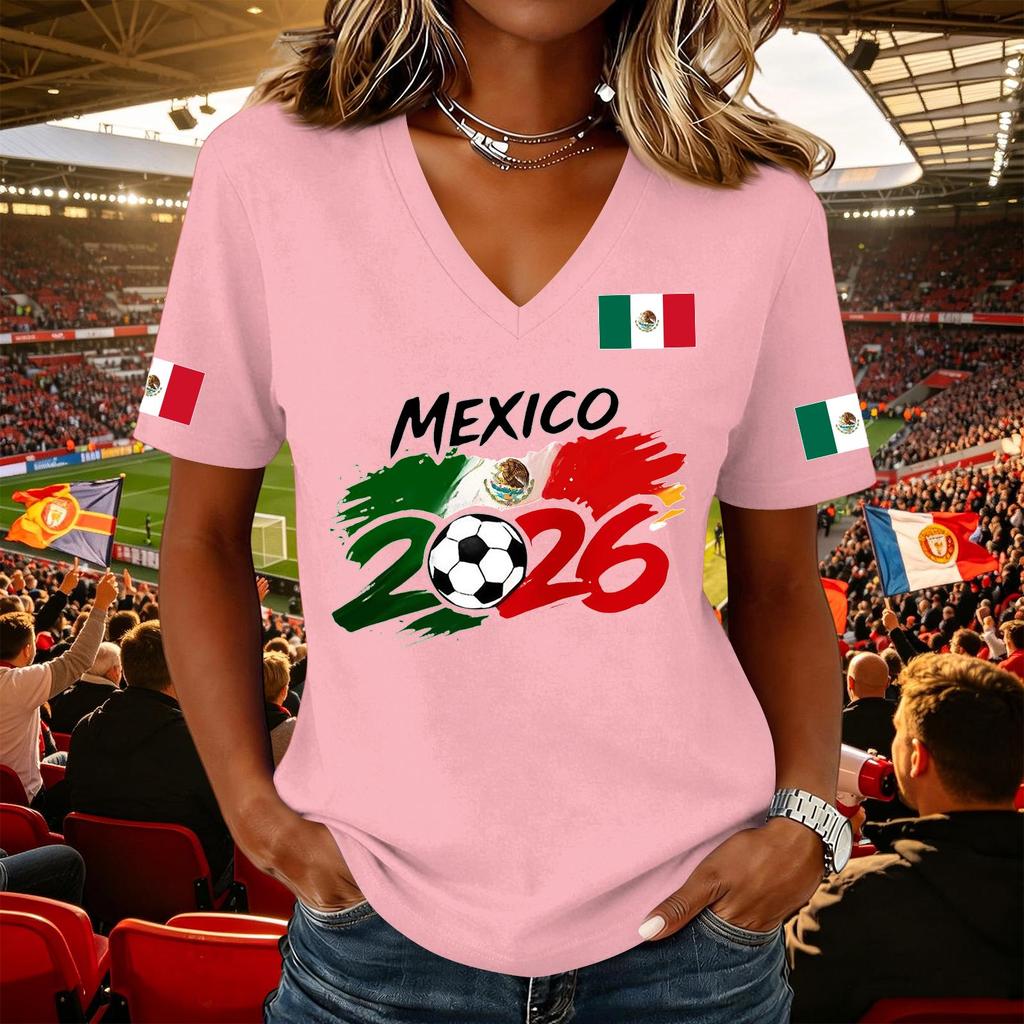 Women's Casual Short Sleeve V Neck Pullover Top Soccer Graphic Print National Flag Support Shirt for Outdoor Activities and Sports
