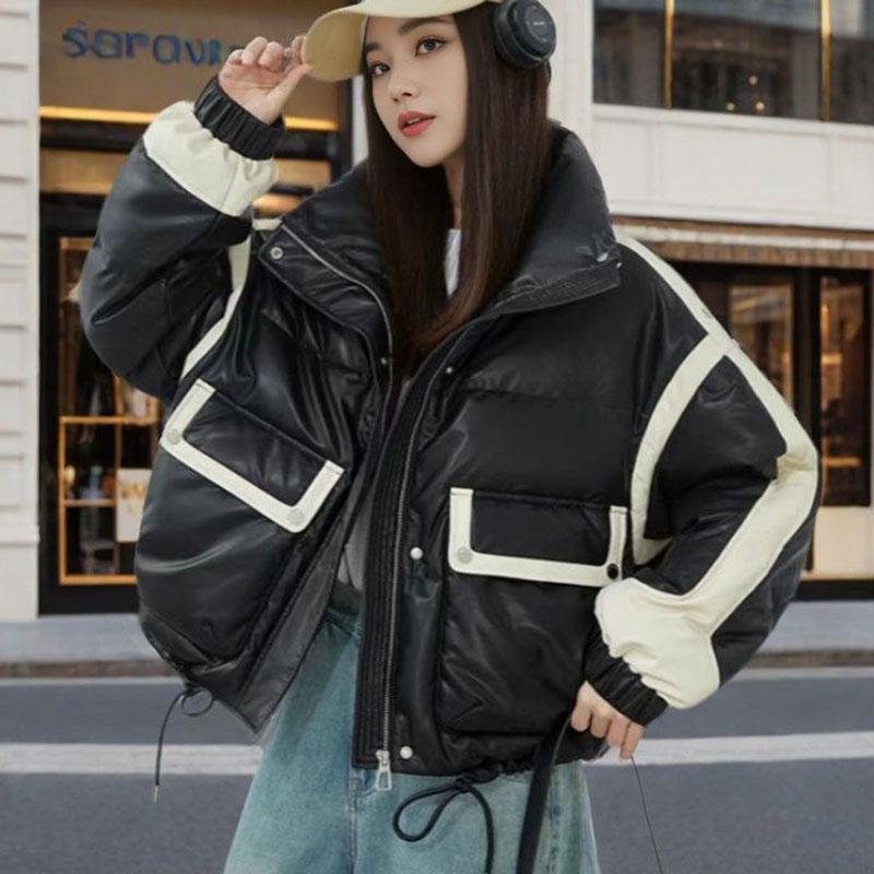 Winddichte und wasserdichte Winter-PU-Jacken für Damen, verdickte, lockere Parkas mit Taschen, Mantel für Frauen, warme, wattierte Jacke für Damen