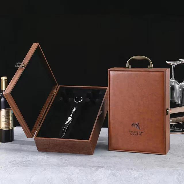 

Luxury Double Leather Box Wine Bottle Wooden Organizer Wood Holder for Red Champagne with Cocktail Set