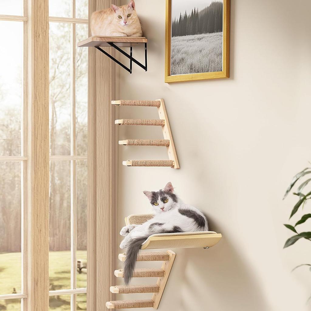 1pc Wall-mounted Cat Furniture Set Scratching and Climbing Post Hammock Bed Wooden Stairway Shelves Indoor House for Kittens