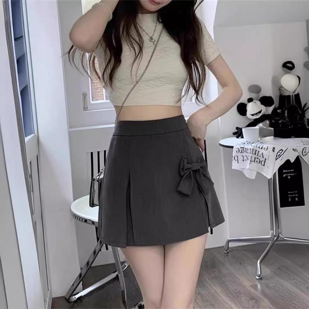 2024 Summer Women's Gray A-Line Bow Slit Bodycon Skirt-Shorts